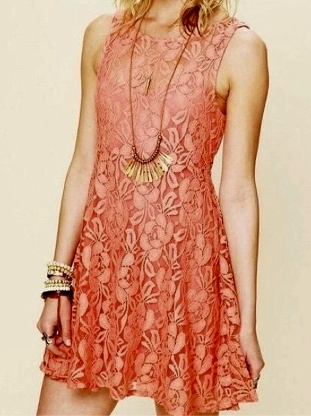 FREE PEOPLE Sleeveless Coral Lace A-Line Mini Dress w Slip